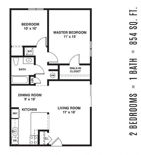 a 2D floor plan drawing of a 2 bedroom 1 bath 854 square foot apartment